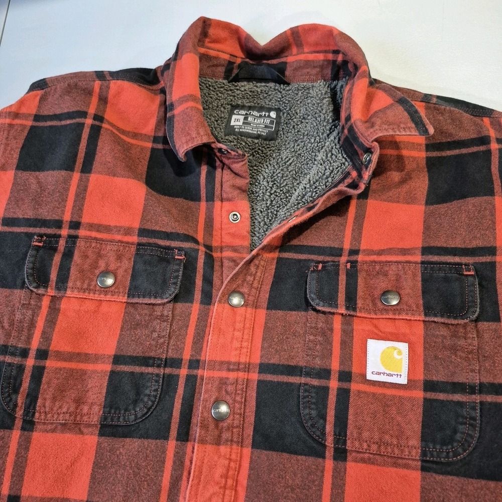 Carhartt Flannel Shirt Jacket Mens 2XL Red Buffalo Check Sherpa Lined Shacket